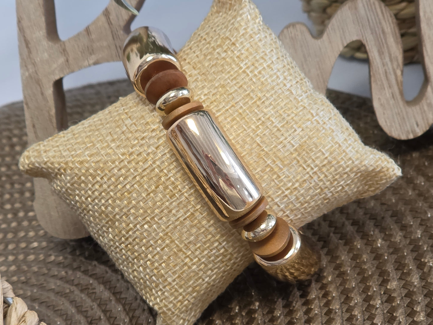 Bracelet Jonc Bois Beige et Doré