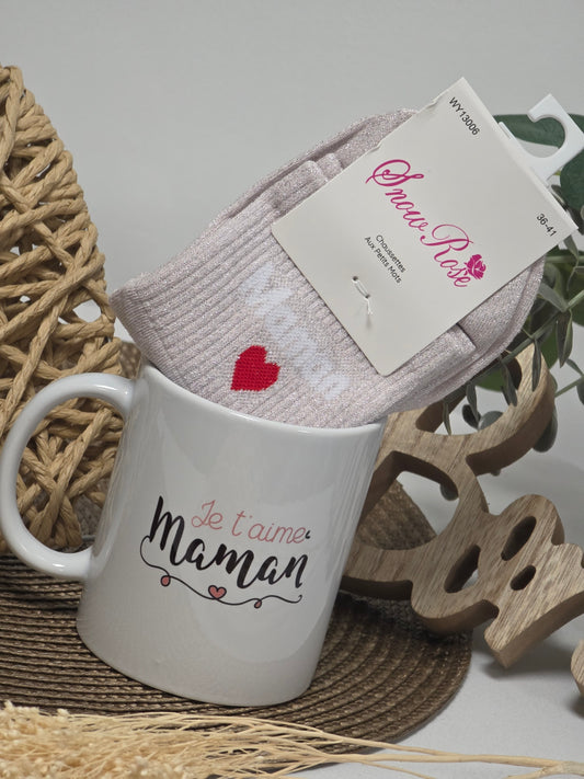 MUG JE T'AIME MAMAN AVEC SA CHAUSSETTE PAILLETEE