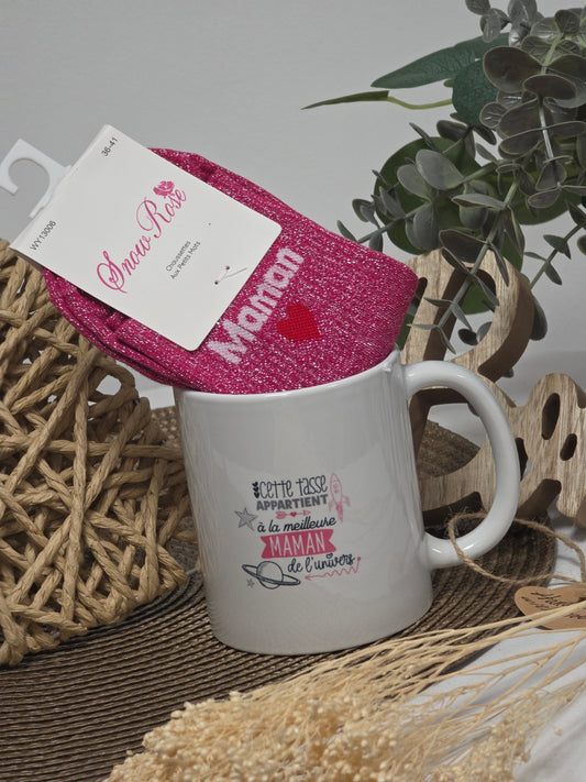 MUG MEILLEUR MAMAN DE L'UNIVERS AVEC SA CHAUSSETTE PAILLETEE