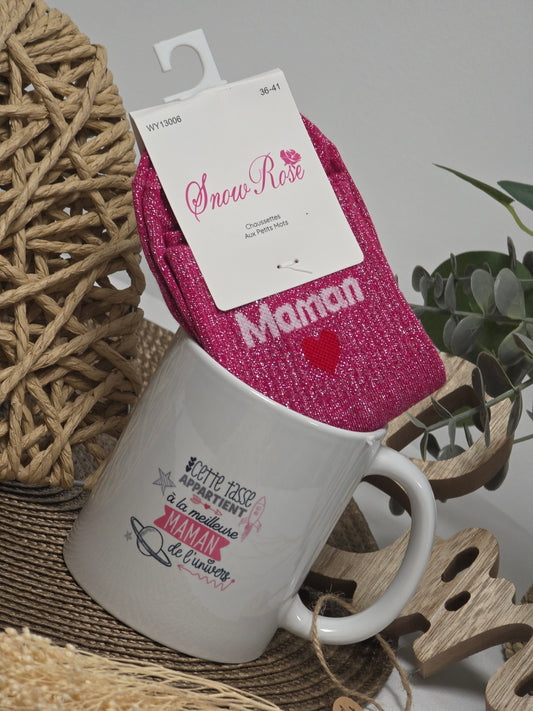 MUG MEILLEUR MAMAN DE L'UNIVERS AVEC SA CHAUSSETTE PAILLETEE