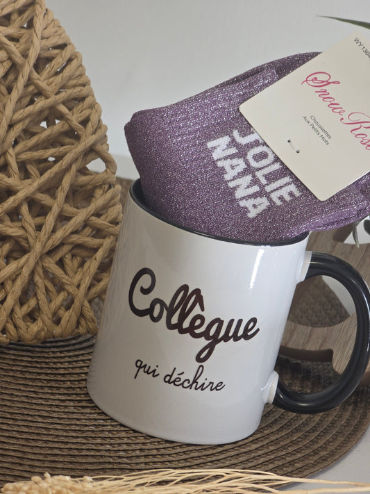MUG COLLEGUE QUI DECHIRE AVEC SA CHAUSSETTE PAILLETEE