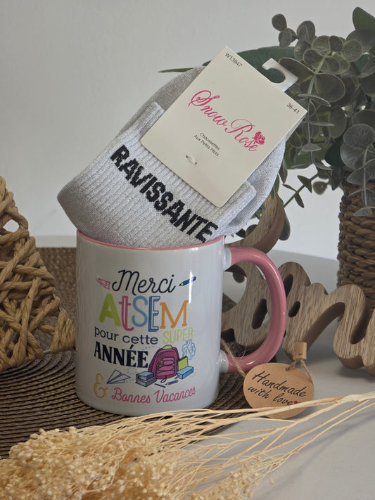 MUG MERCI ATSEM AVEC SA CHAUSSETTE PAILLETEE