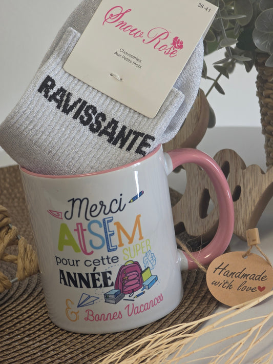 MUG MERCI ATSEM AVEC SA CHAUSSETTE PAILLETEE