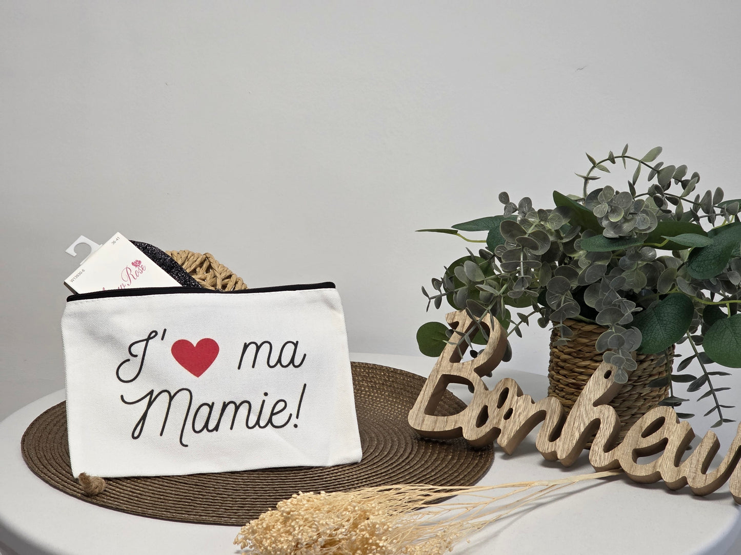 POCHETTE J'AIME MA MAMIE AVEC SA CHAUSSETTE PAILLETEE NOIR