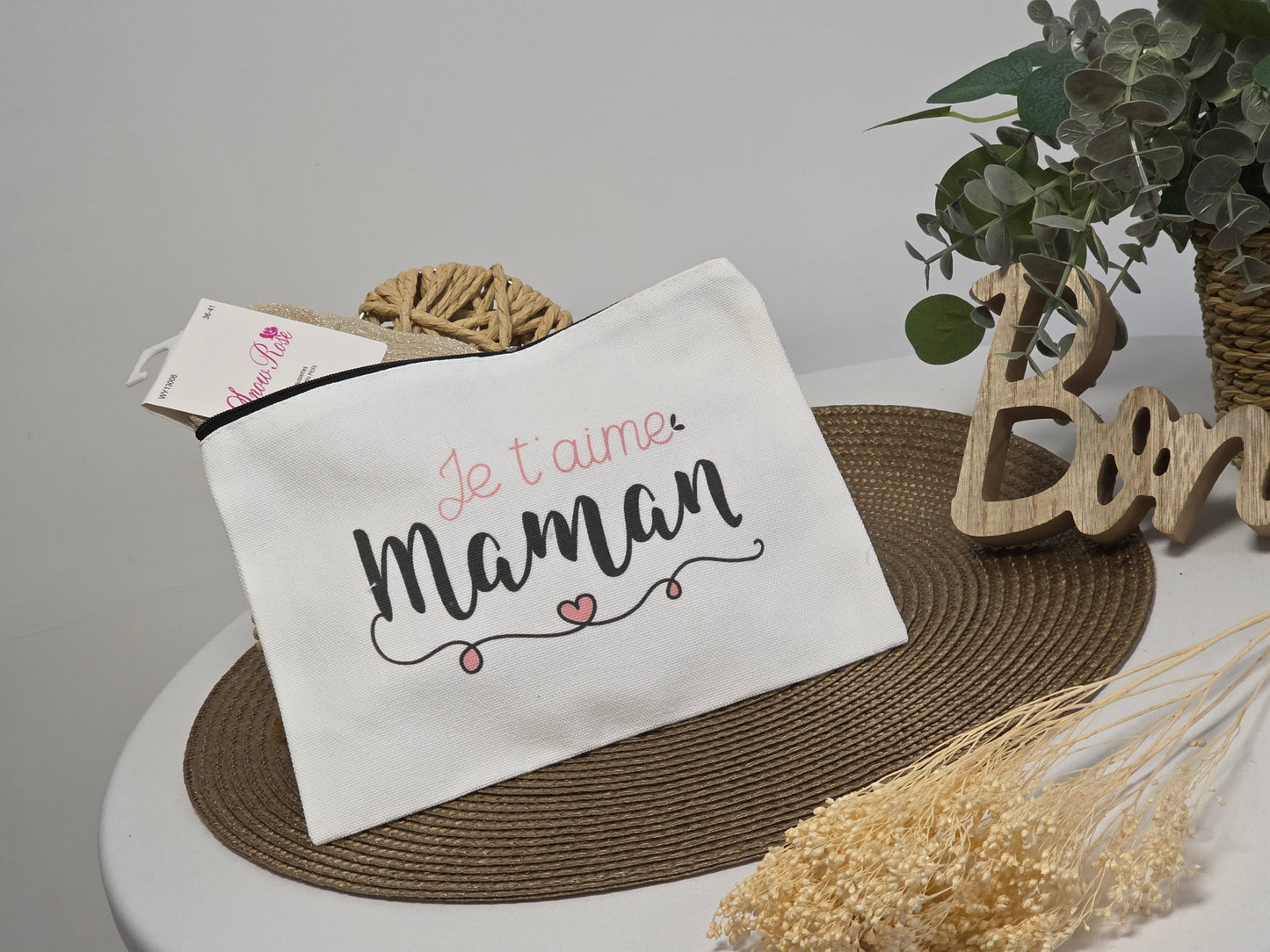 POCHETTE " JE T'AIME MAMAN " AVEC SA CHAUSSETTE PAILLETEE BEIGE