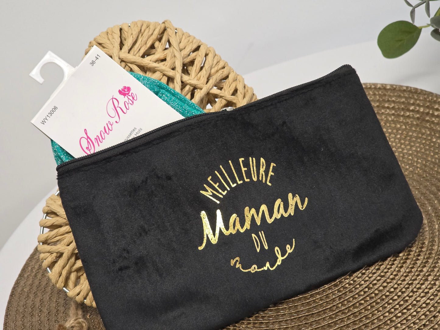 POCHETTE " MEILLEUR MAMAN DU MONDE "  AVEC SA CHAUSSETTE PAILLETEE VERT