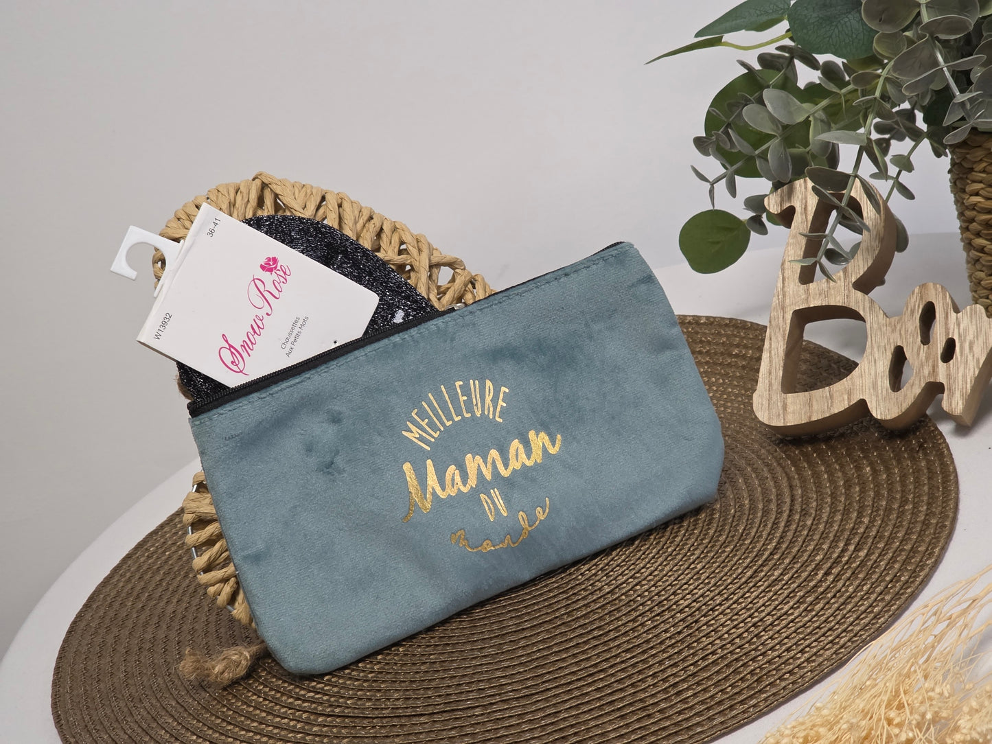 POCHETTE " MEILLEUR MAMAN DU MONDE "  AVEC SA CHAUSSETTE PAILLETEE NOIR