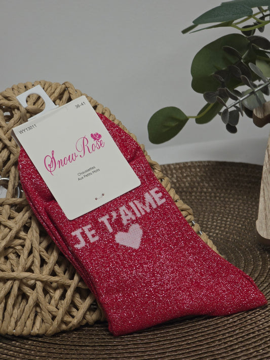 JE T'AIME - Chaussette à Paillette Rouge