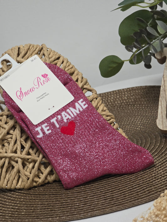 JE T'AIME - Chaussette à Paillette Rose Poudré