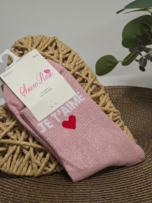 JE T'AIME - Chaussette à Paillette Rose Clair