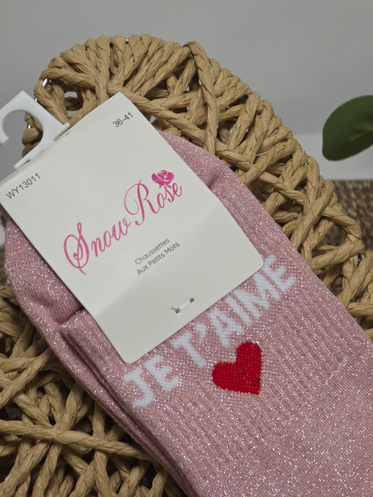 JE T'AIME - Chaussette à Paillette Rose Clair