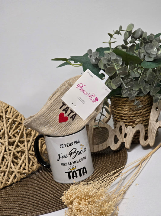 MUG BISOUS AVEC LA MEILLEURE TATA AVEC SA CHAUSSETTE PAILLETEE
