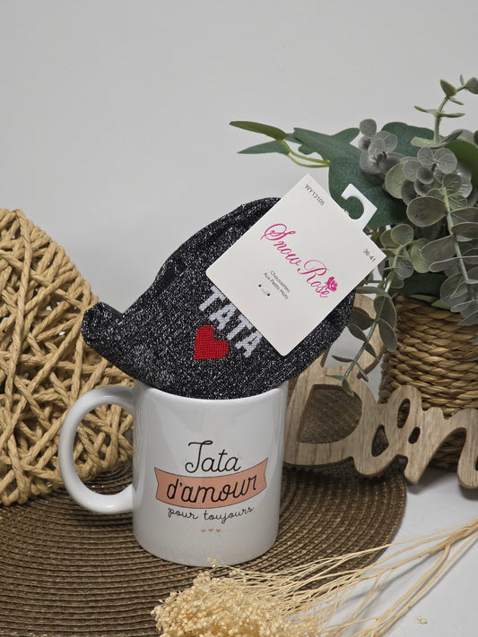 MUG TATA D'AMOUR POUR TOUJOURS  AVEC SA CHAUSSETTE PAILLETEE