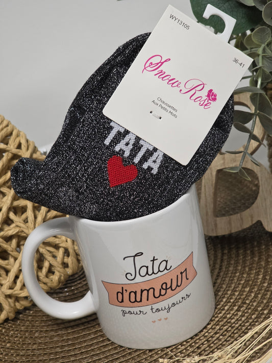 MUG TATA D'AMOUR POUR TOUJOURS  AVEC SA CHAUSSETTE PAILLETEE
