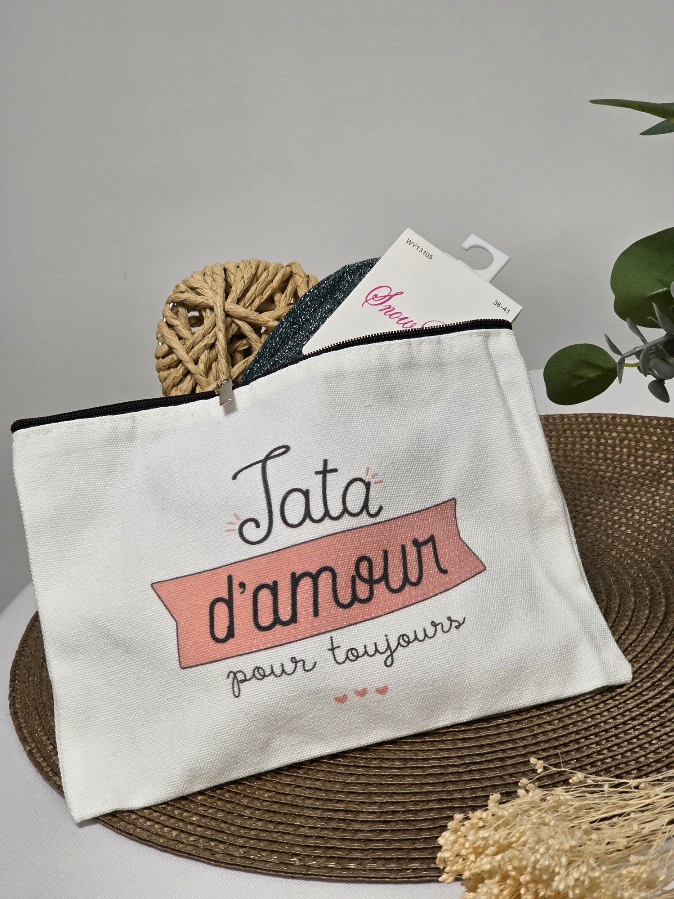 POCHETTE " TATA D'AMOUR POUR TOUJOURS " AVEC SA CHAUSSETTE PAILLETEE
