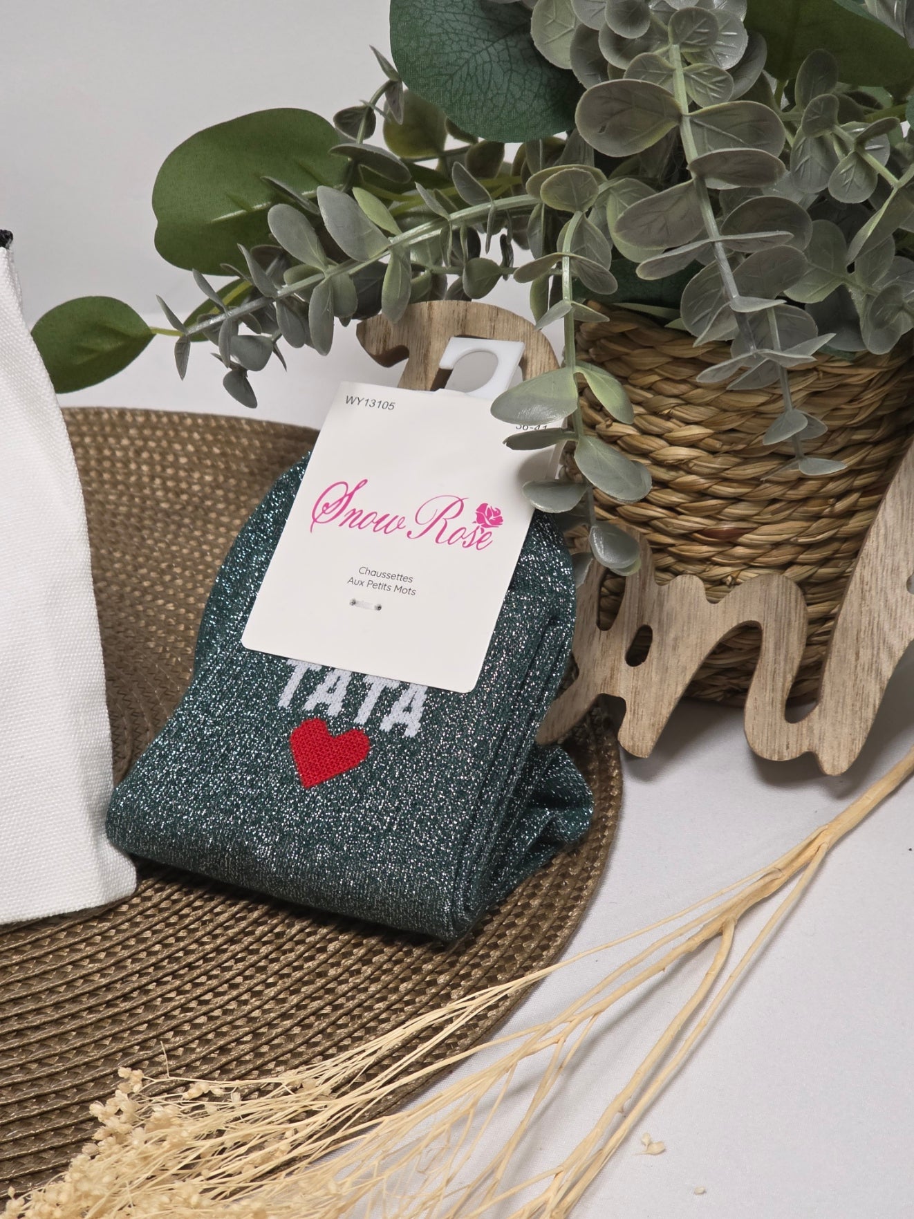 POCHETTE " TATA D'AMOUR POUR TOUJOURS " AVEC SA CHAUSSETTE PAILLETEE