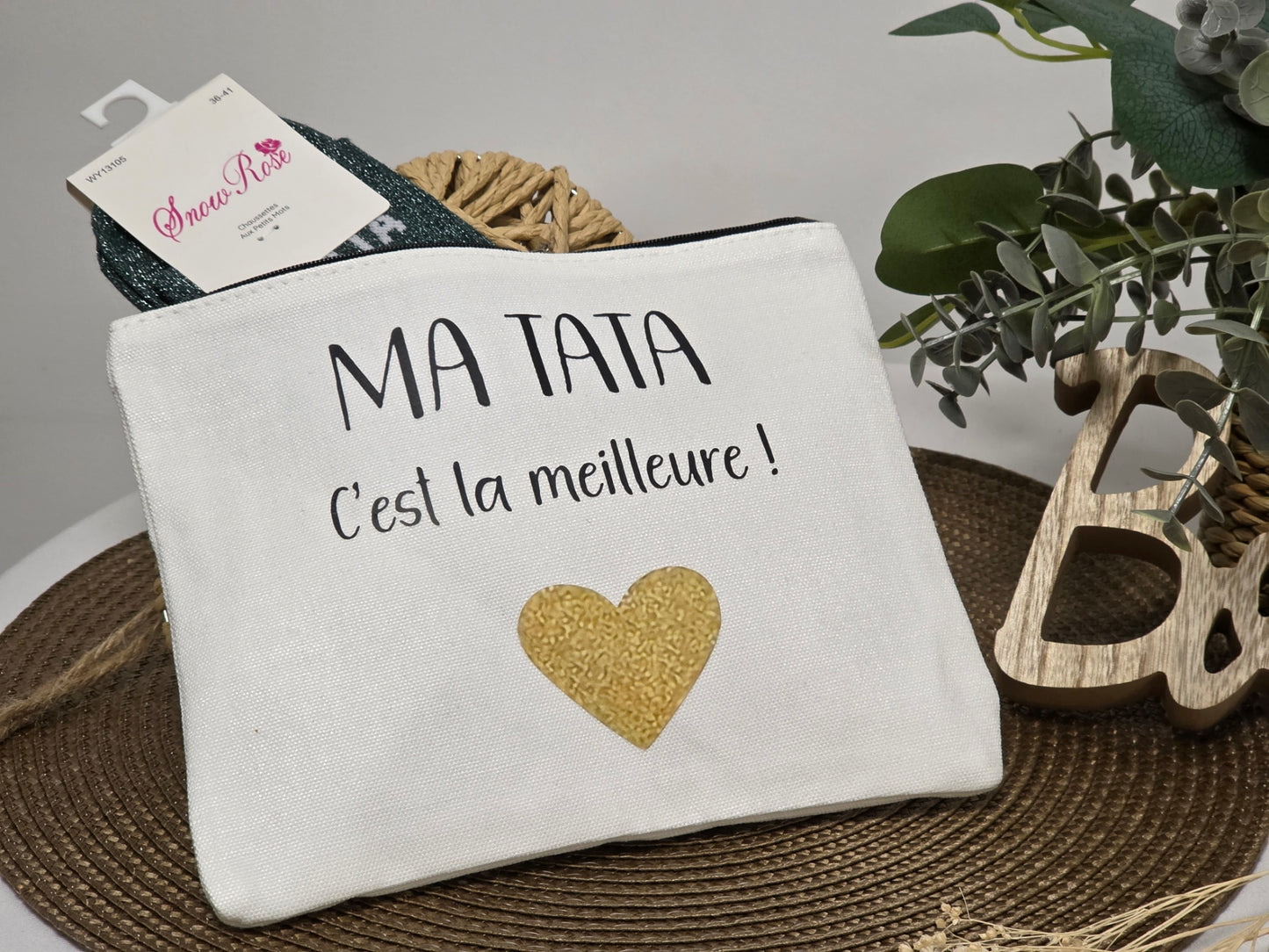 POCHETTE " MA TATA C'EST LA MEILLEURE " AVEC SA CHAUSSETTE PAILLETEE VERT