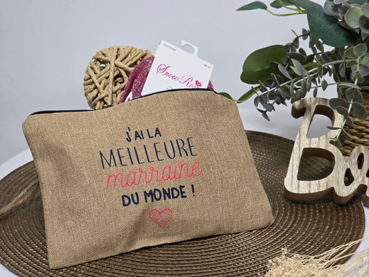 POCHETTE " MEILLEURE MARRAINE DU MONDE " AVEC SA CHAUSSETTE PAILLETEE FUCHSIA