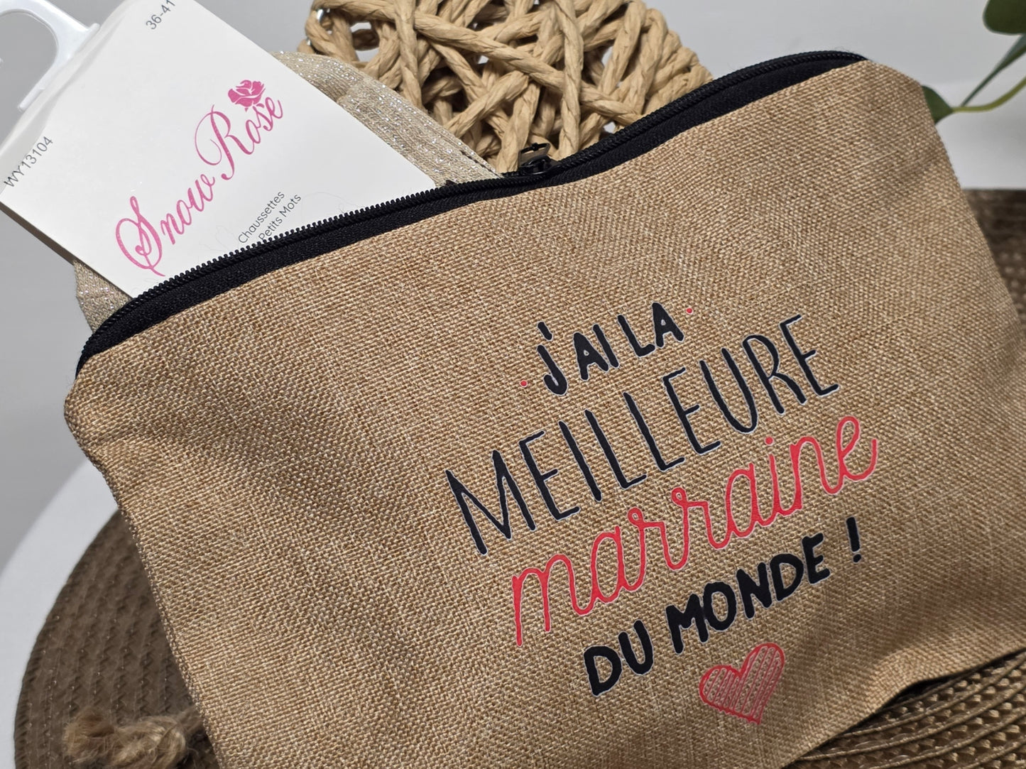 POCHETTE " MEILLEURE MARRAINE DU MONDE " AVEC SA CHAUSSETTE PAILLETEE BEIGE