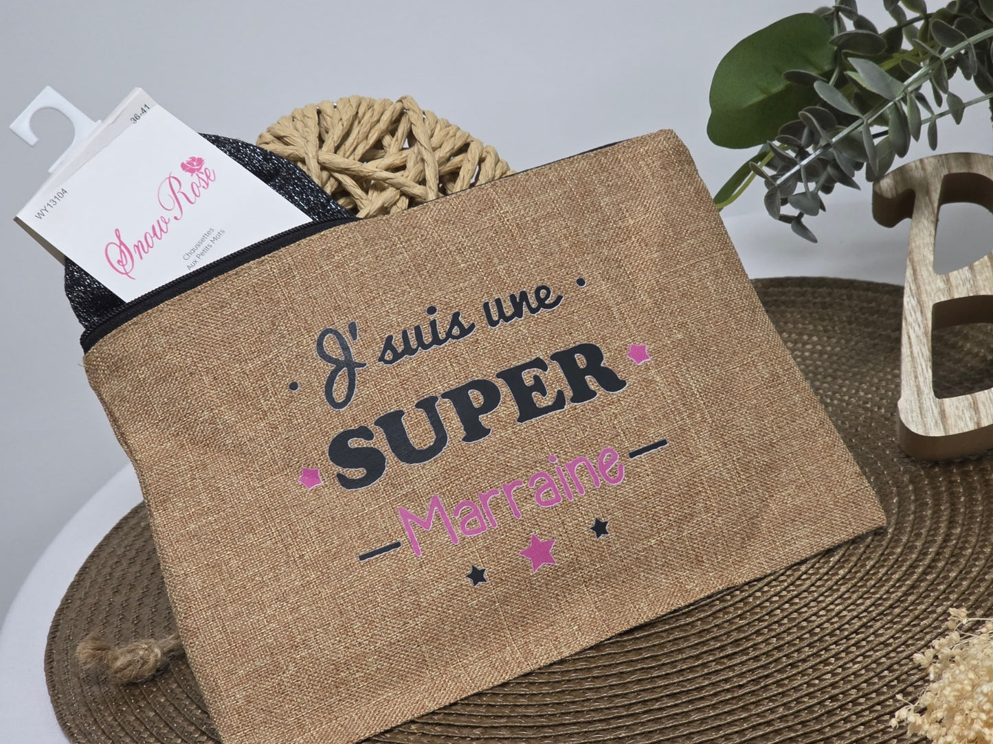 POCHETTE " J'SUIS UNE SUPER MARRAINE" AVEC SA CHAUSSETTE PAILLETEE NOIR