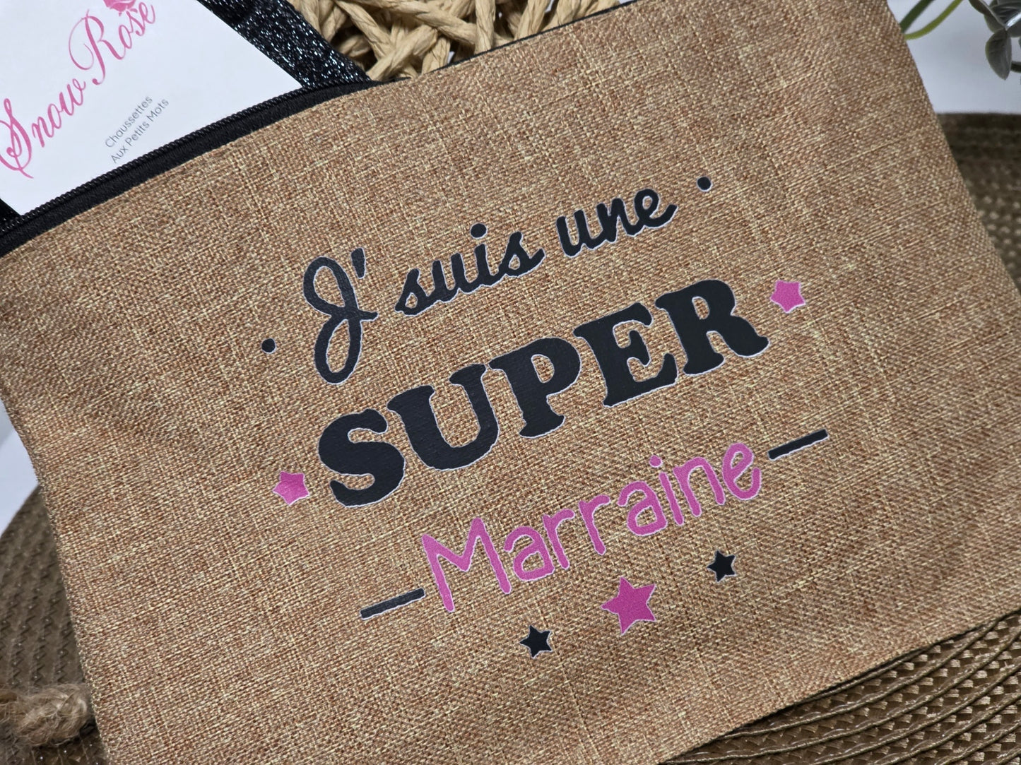 POCHETTE " J'SUIS UNE SUPER MARRAINE" AVEC SA CHAUSSETTE PAILLETEE NOIR