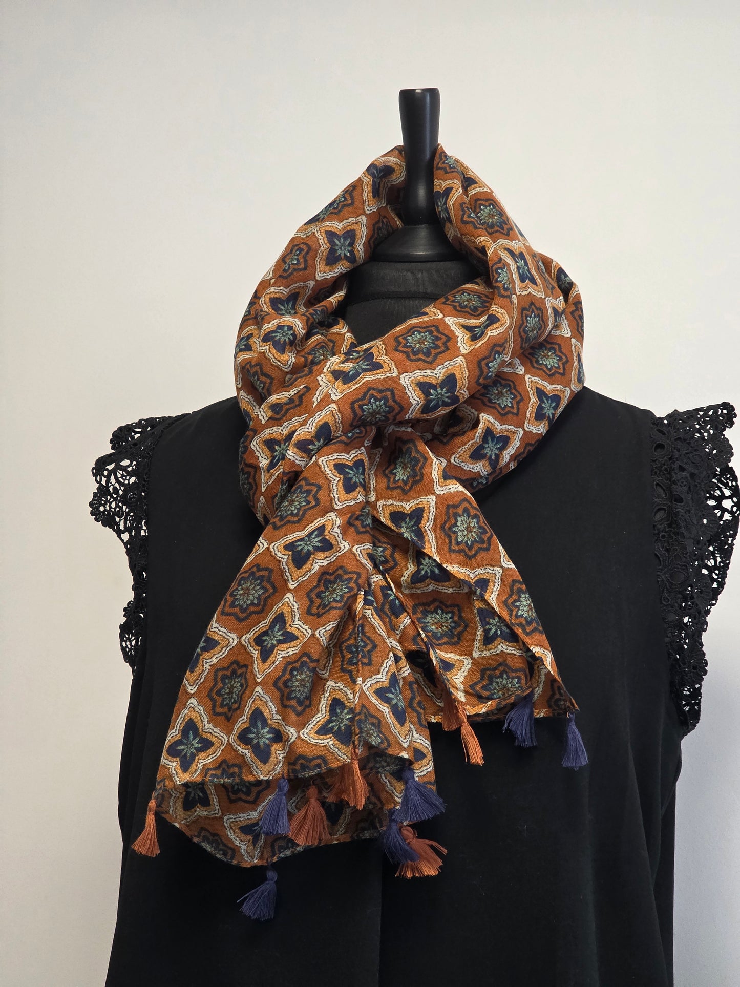 🧣Foulard Femme Automne Hiver Brique Bleu avec Pompons🧣