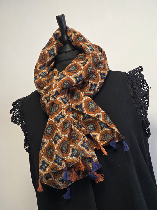 🧣Foulard Femme Automne Hiver Brique Bleu avec Pompons🧣