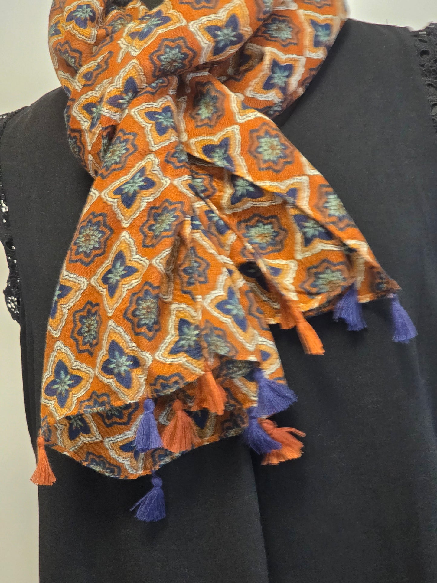 🧣Foulard Femme Automne Hiver Brique Bleu avec Pompons🧣