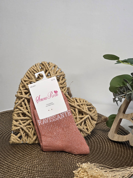 RAVISSANTE - Chaussette à Paillette Enfant  Corail Foncé