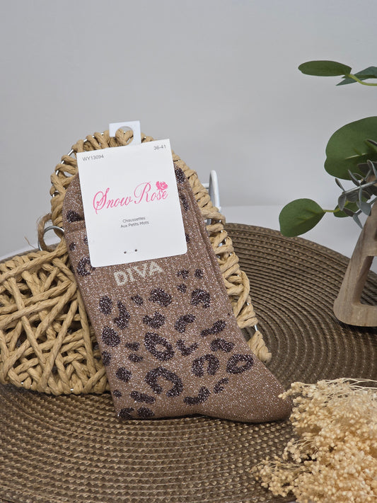 DIVA - Chaussette à Paillette Léopard  Marron