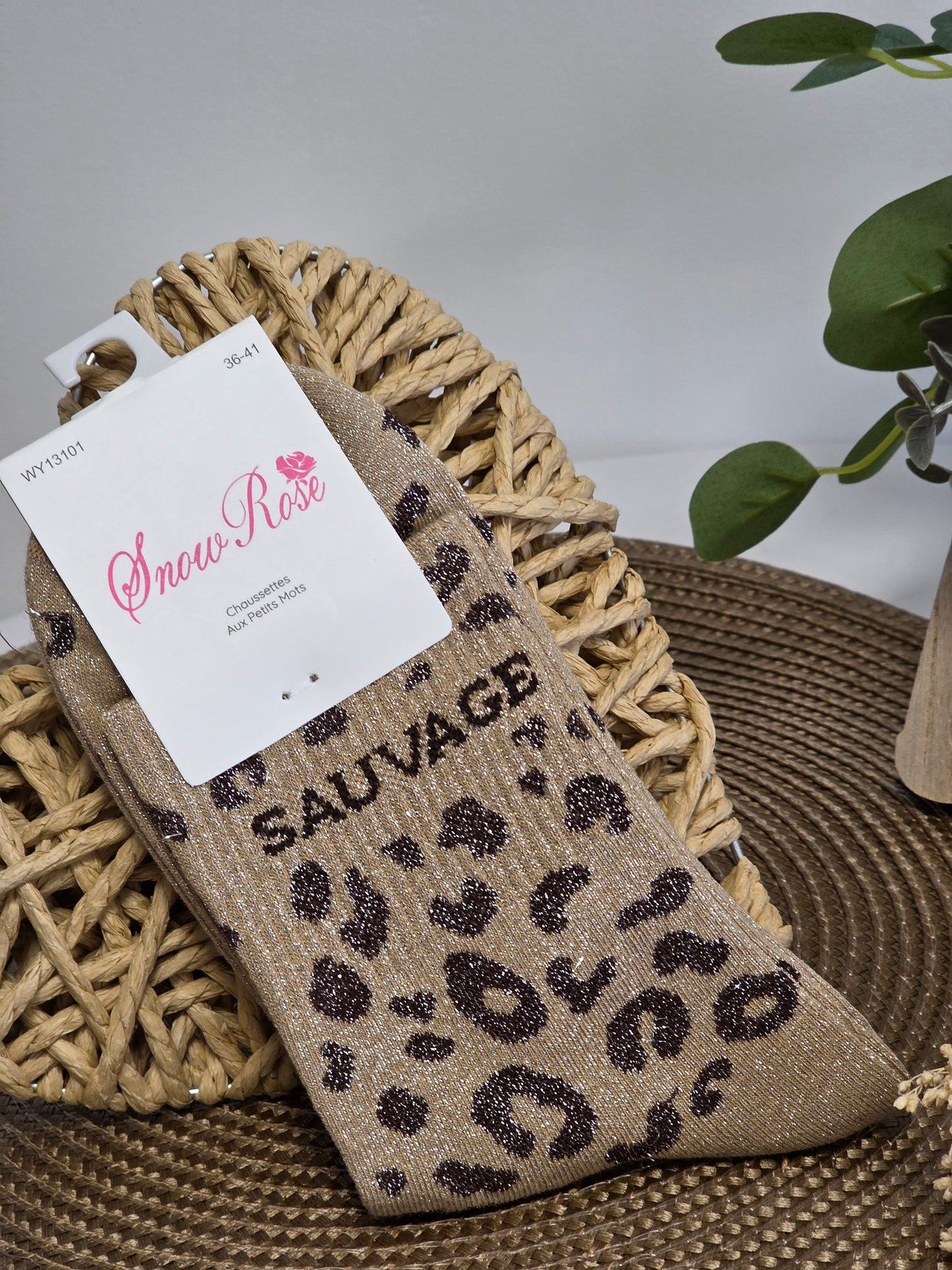 SAUVAGE - Chaussette à Paillette Léopard  Beige