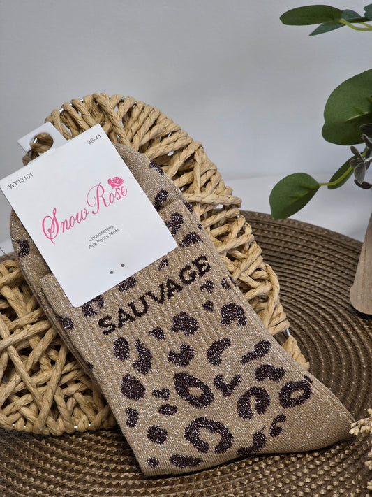 SAUVAGE - Chaussette à Paillette Léopard  Beige