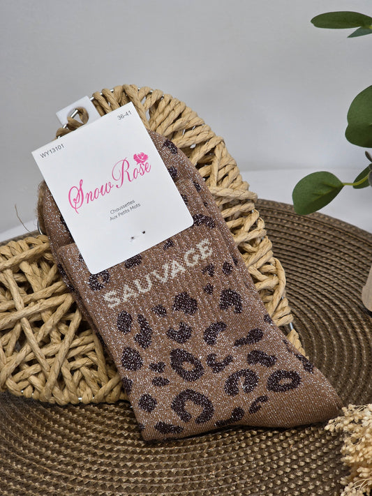 SAUVAGE - Chaussette à Paillette Léopard  Marron