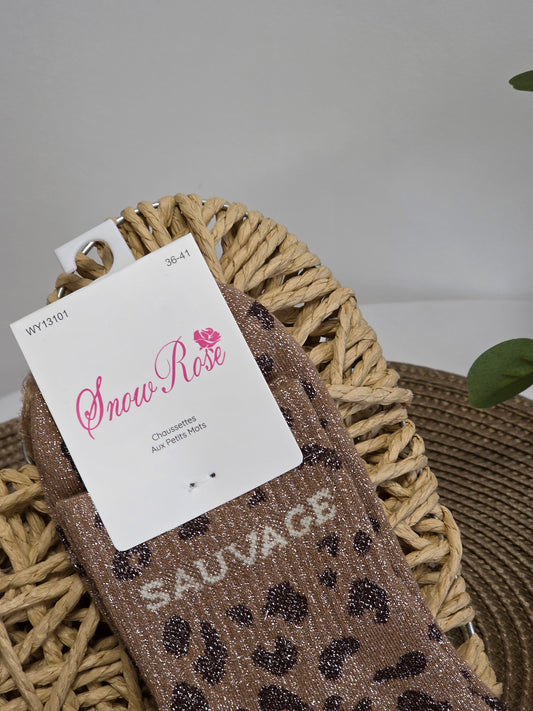 SAUVAGE - Chaussette à Paillette Léopard  Marron