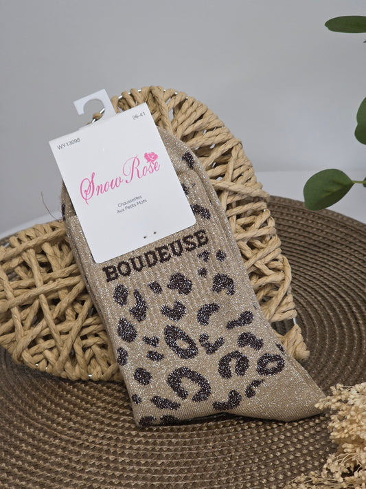 BOUDEUSE - Chaussette à Paillette Léopard  Beige