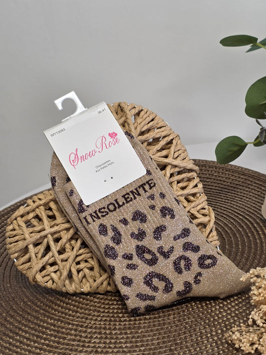 INSOLENTE - Chaussette à Paillette Léopard  Beige