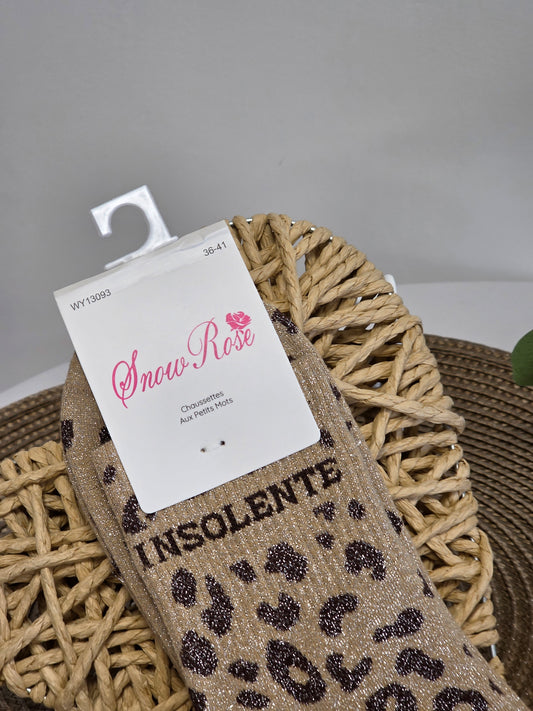 INSOLENTE - Chaussette à Paillette Léopard  Beige