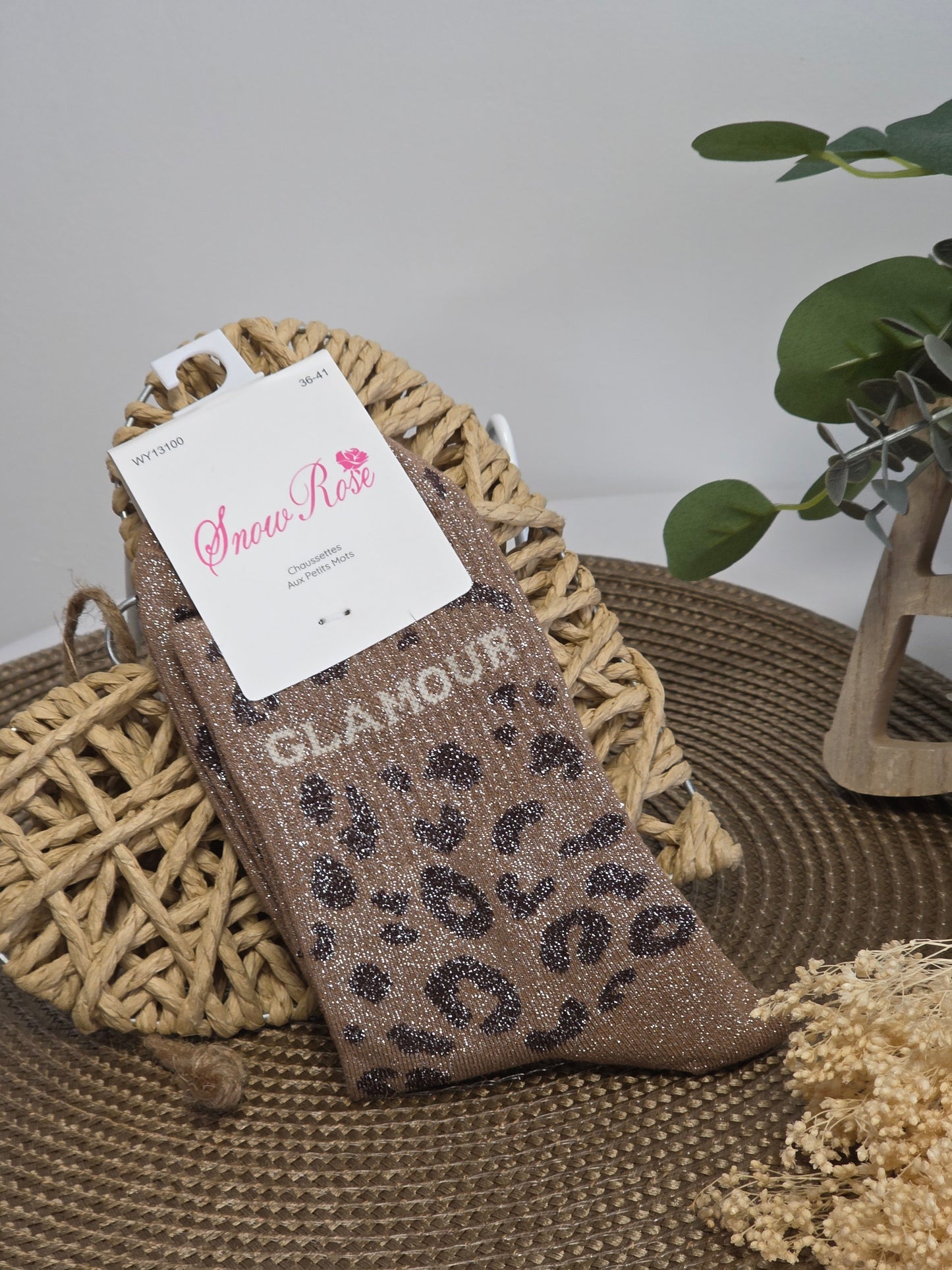 GLAMOUR - Chaussette à Paillette Léopard  Marron