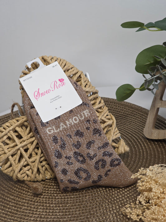 GLAMOUR - Chaussette à Paillette Léopard  Marron