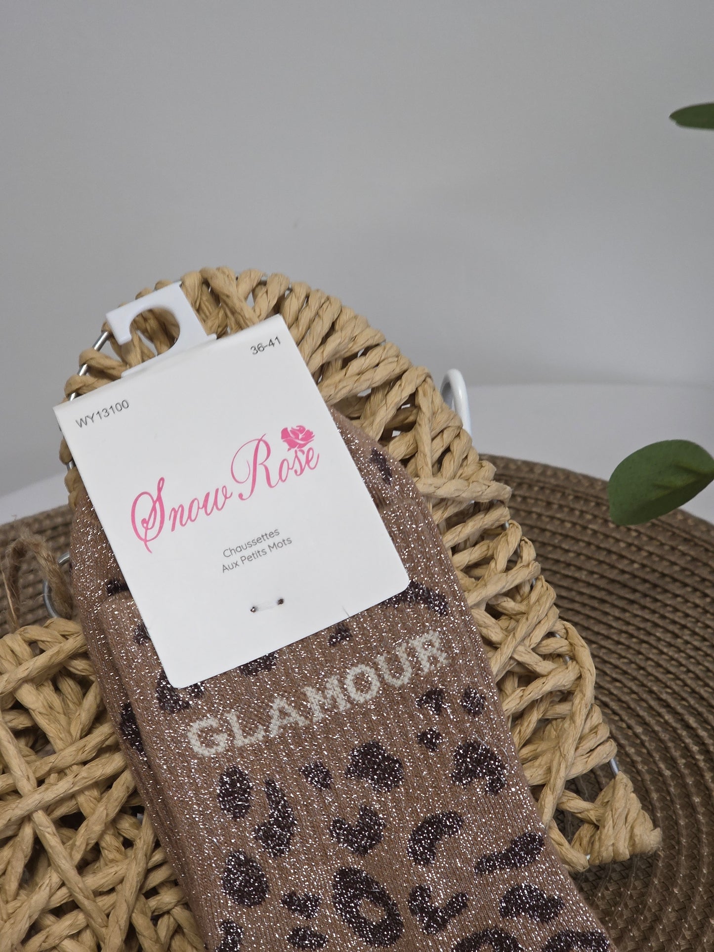 GLAMOUR - Chaussette à Paillette Léopard  Marron