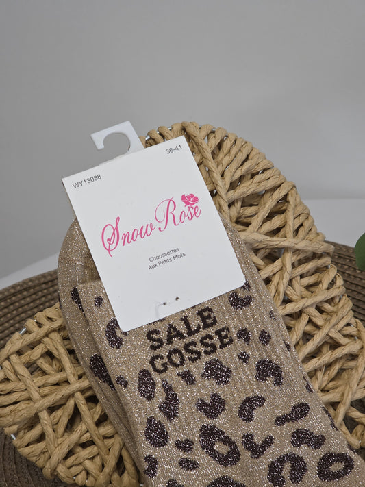 SALE GOSSE - Chaussette à Paillette Léopard  Beige