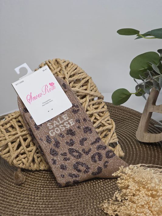 SALE GOSSE - Chaussette à Paillette Léopard  Marron