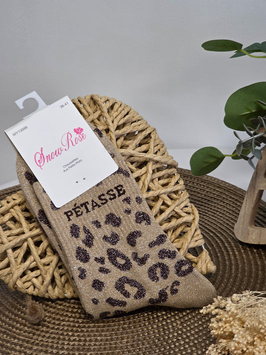 PETASSE - Chaussette à Paillette Léopard  Beige