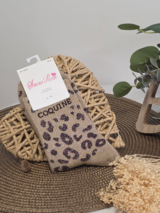 COQUINE - Chaussette à Paillette Léopard  Beige