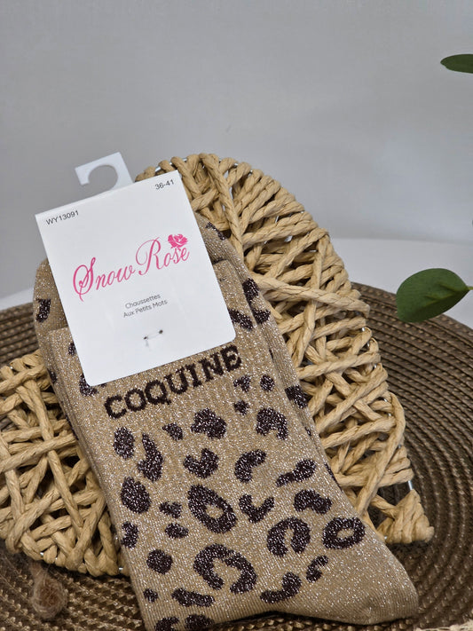 COQUINE - Chaussette à Paillette Léopard  Beige