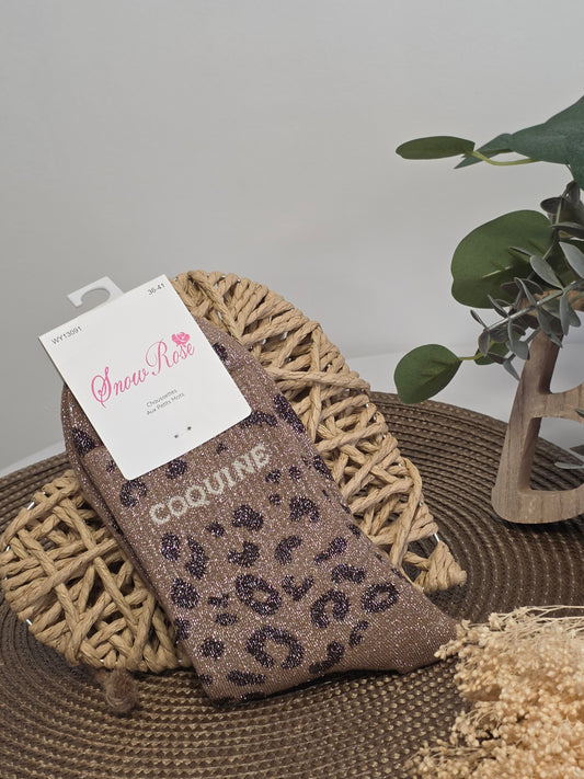 COQUINE - Chaussette à Paillette Léopard  Marron