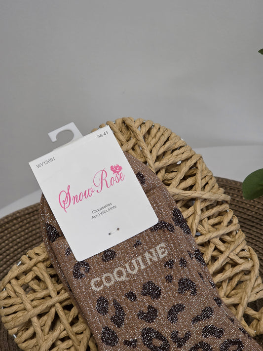 COQUINE - Chaussette à Paillette Léopard  Marron