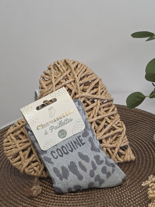 COQUINE - Chaussette à Paillette Léopard  Gris