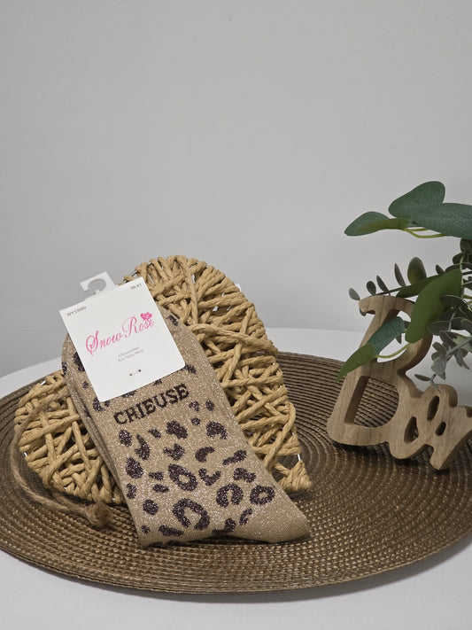 CHIEUSE - Chaussette à Paillette Léopard  Beige
