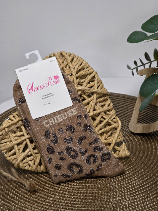 CHIEUSE - Chaussette à Paillette Léopard  Marron